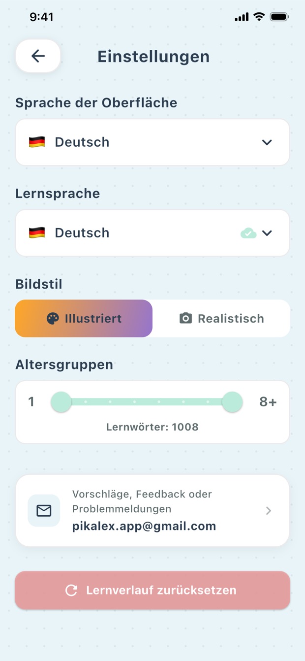 PikaLex-Einstellungen für Alter, Sprache und Bildstil