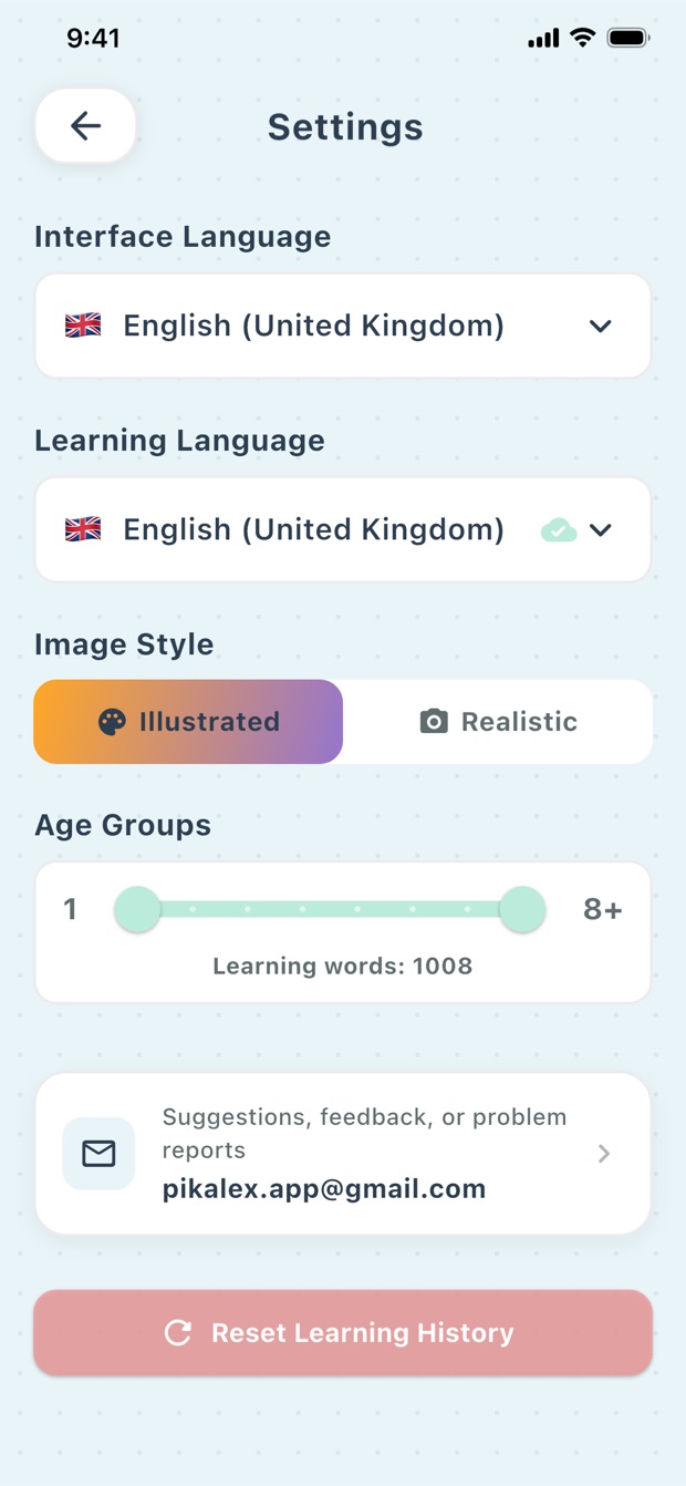 PikaLex settings with age, language and image style controls