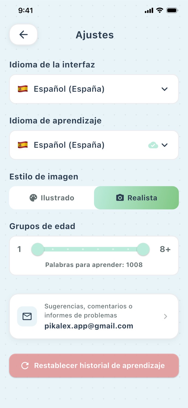 Ajustes de PikaLex con controles de edad, idioma y estilo de imagen