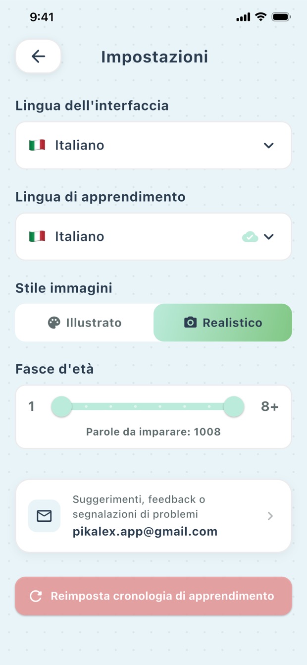 Impostazioni PikaLex per età, lingua e stile delle immagini