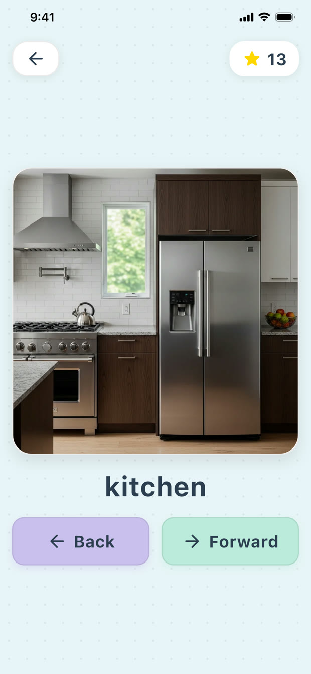 Learn Words game showing the word kitchen