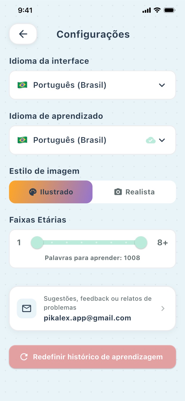 Configurações do PikaLex para idade, idioma e estilo das imagens