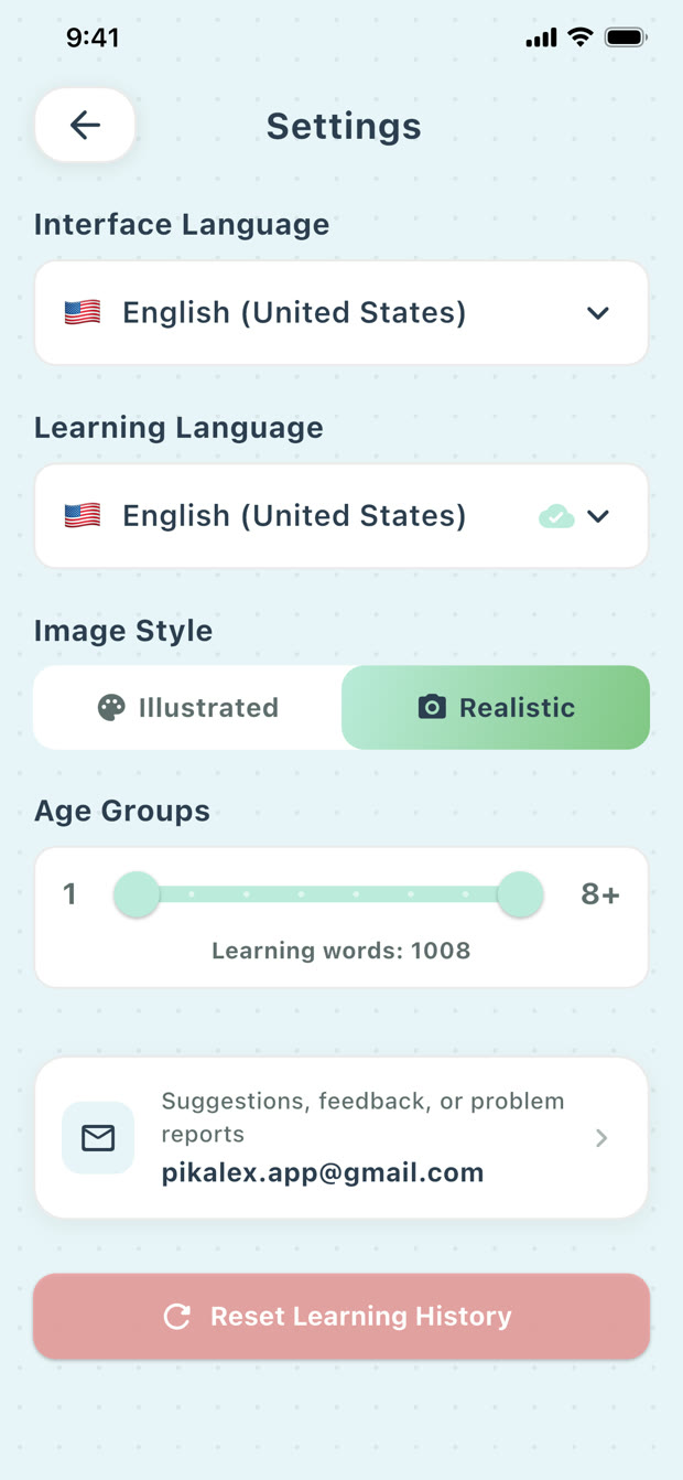 PikaLex settings with age, language, and image style controls